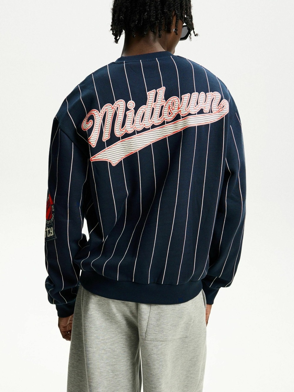 Bershka Navy Pinstripe Midtown Logo Jacket